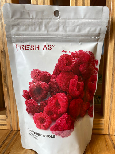Package of freeze-dried whole Raspberries from New Zealand company Fresh As.